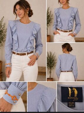 Ronner Blue Striped Ruffle Top horse riders